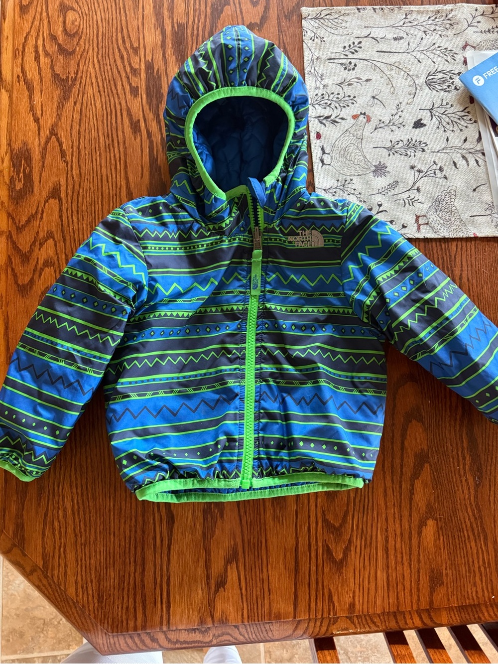 The North Face Kids Hooded Jacket - Blue & Green Aztec Stripe Reversible